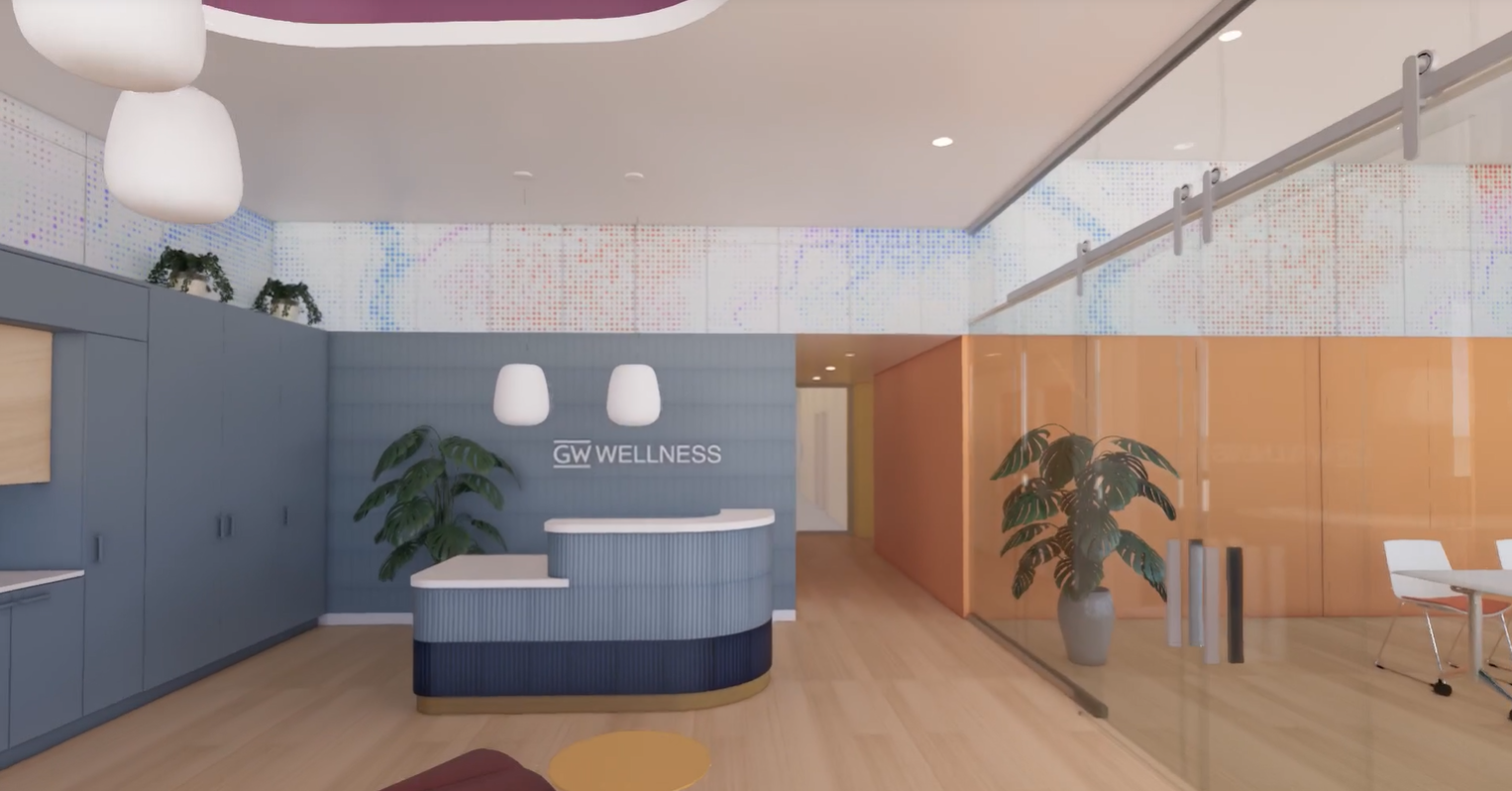 An architectural rendering of the GW Cancer Prevention and Wellness Center