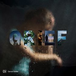 A blurred picture of a person experiencing grief, with the word "grief" superimposed on top of it.