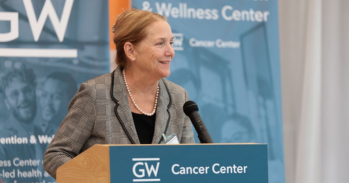 Dean Barbara Bass speaks at the GW Cancer Prevention and Wellness Center ribbon-cutting