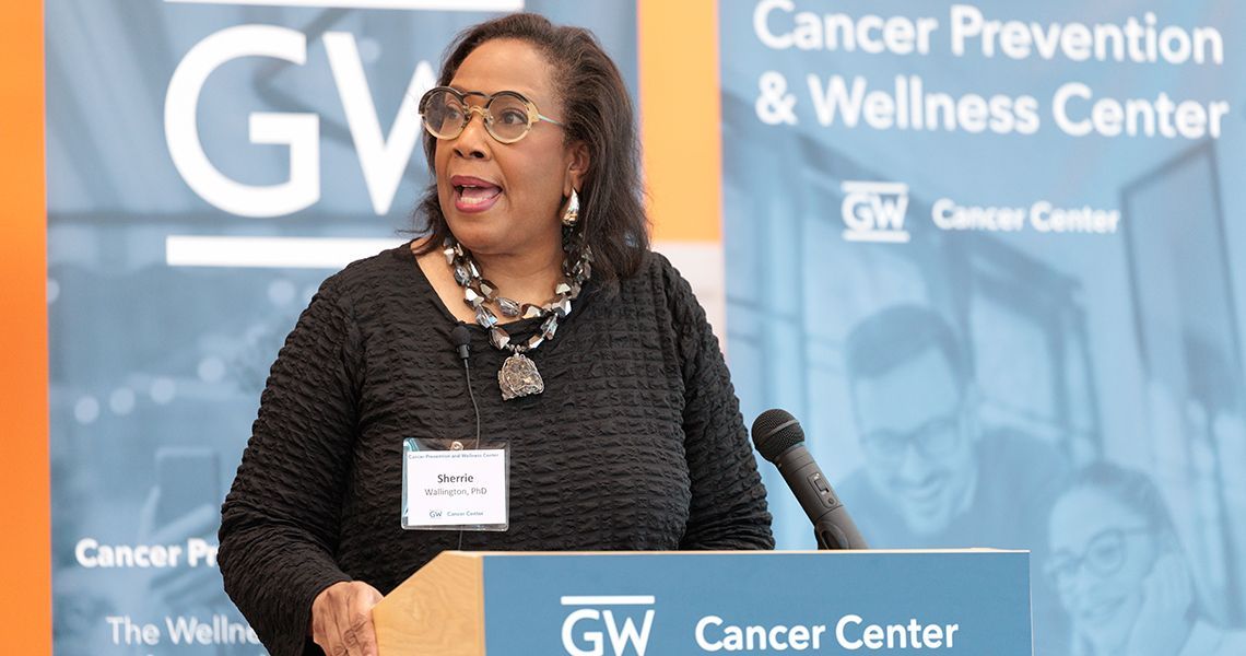 Sherrie Flynt Wallington, PhD, speaking at the GW Cancer Prevention and Wellness Center ribbon-cutting