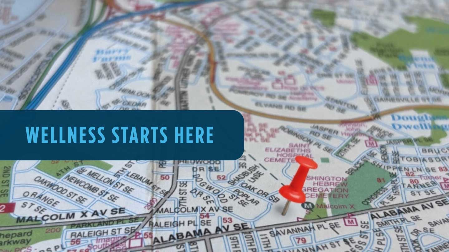 Map of Congress Heights with red pushpin identifying Wellness Center location