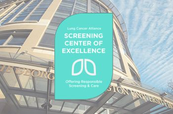 GW hospital with "Screening Center for Excellence" over it