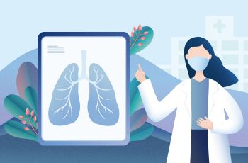 An illustration of a doctor next to a lung CT scan