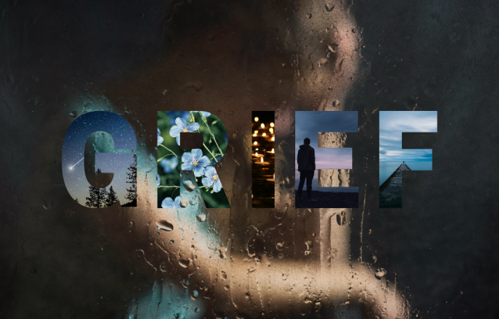 A blurred image of a person experiencing grief, with the word grief superimposed on top of it.
